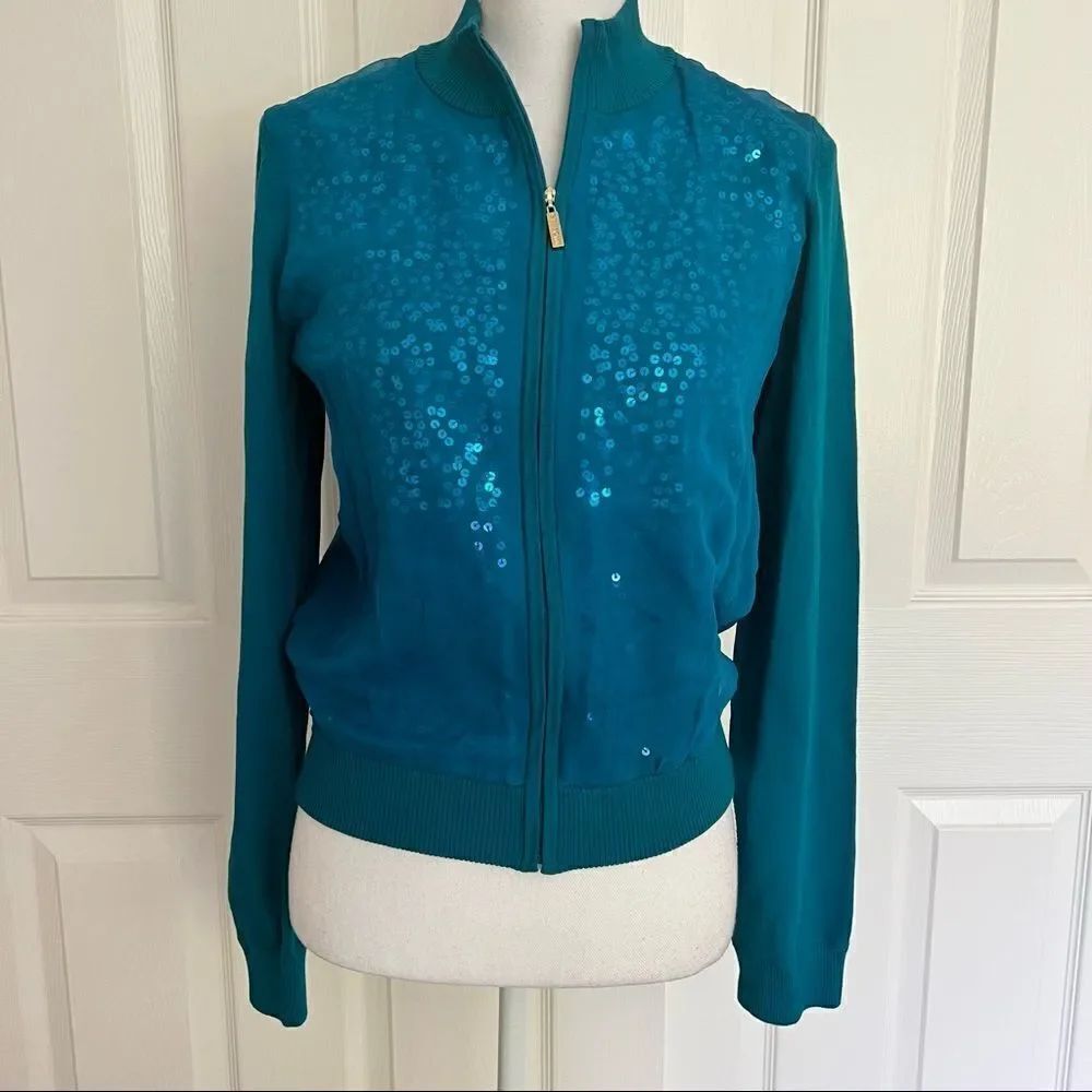 St. John Sheer Sequin Zip Cardigan Sweater Baltic Blue Small MSRP $695